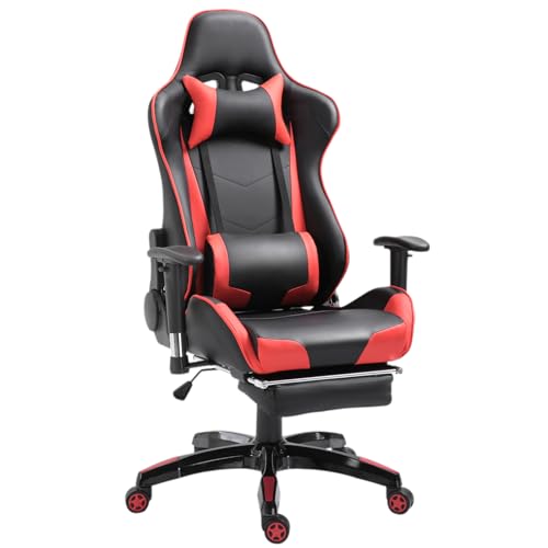 HOMCOM High Back Gaming Chair, Home Office Chair, Faux Leather Computer Gamer Chair with Footrest, Wheels, Black Red - Red