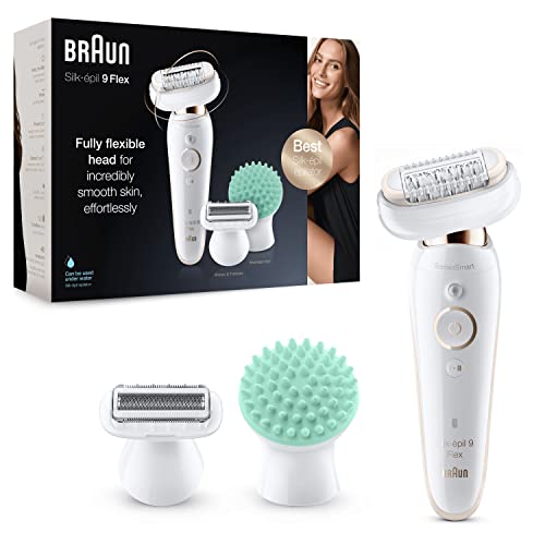 Braun Silk-��pil 9 Flex Epilator, Flexible Head for Easier Hair Removal with Ladies Electric Shaver & Trimmer, Gifts for Women, UK 2 Pin Plug, 9-020, White/Gold