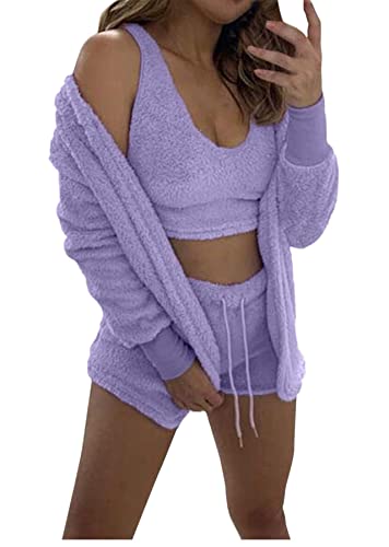 3 Piece Pajamas Outfit Fuzzy Fleece Warm Sherpa Coat Jacket Outwear Spaghetti Strap Crop Top Shorts Set - Tank Purple - Small