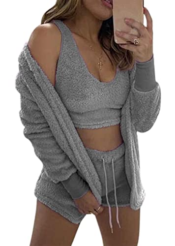 Vakkest Women's Sexy 3 Piece Pajamas Outfit Fuzzy Fleece Warm Sherpa Coat Jacket Outwear Spaghetti Strap Crop Top Shorts Set - Tank Grey - Small