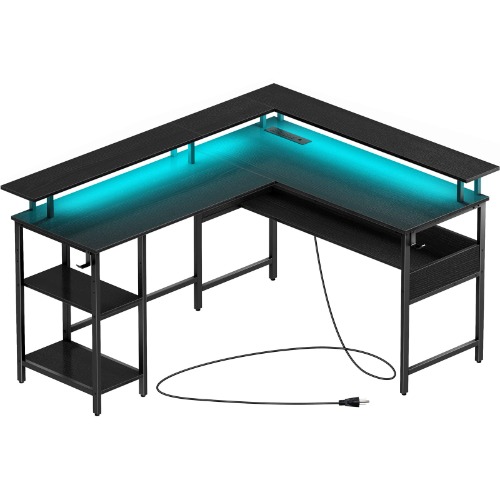 Rolanstar Computer Desk L Shaped with LED Strip & Power Outlets, Reversible L Shaped Computer Corner Desk with Monitor Stand, Home Office Gaming Desk with USB Port&Hook, Black