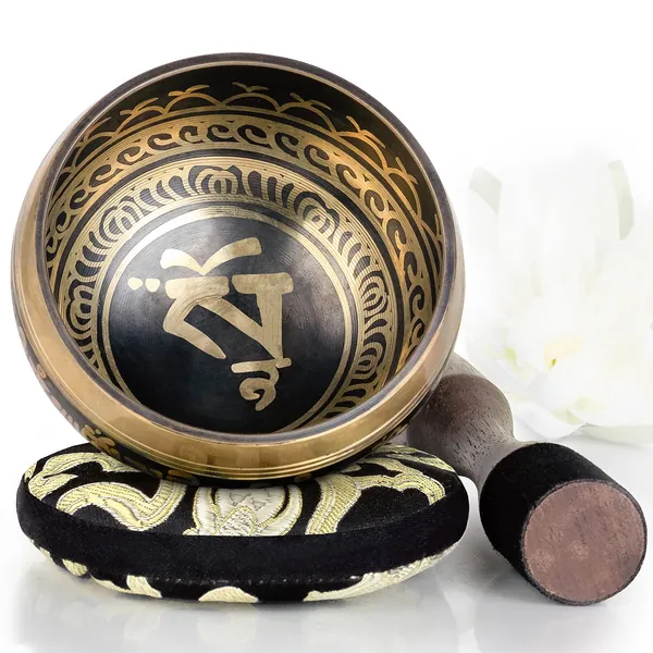 Tibetan Singing Bowl Set ~ Easy to Play with Dual-End Striker & Cushion ~ Creates Beautiful Sound for Holistic Healing, Meditation & Relaxation ~ Balance Pattern ~ Light Bronze Bowl