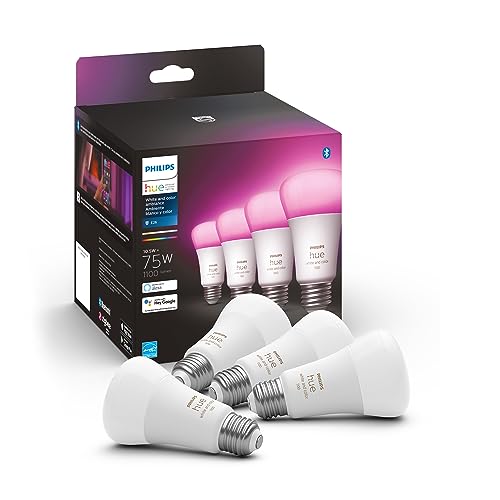 Philips Hue 4-Pack White and Color A19 Medium Lumen Smart Bulb, 1100 Lumens, Bluetooth & Zigbee Compatible (Hue Hub Optional), Compatible with Alexa & Google Assistant