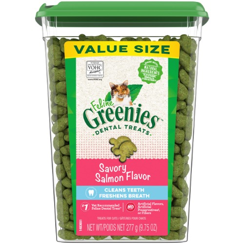 FELINE GREENIES Cat Treats Adult Natural Dental Care, Savory Salmon Flavour, 9.75oz. Tub - 277 g (Pack of 1) Cat Treats