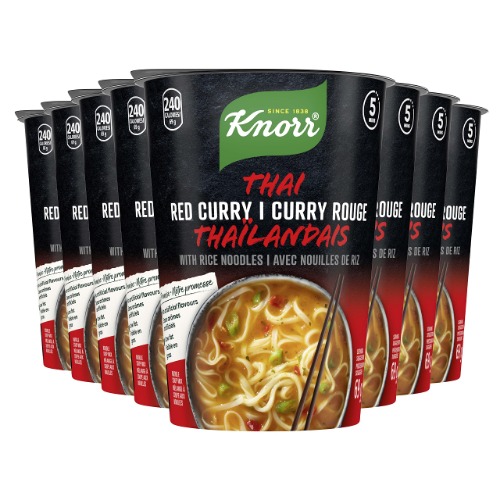 Knorr Rice Noodle Cup for a Light Soup Meal or Snack, Ready in 5 mins Thai Red Curry Low Fat, Vegetarian, and no Artificial Flavours 69 g (pack of 8) - Thai Curry 69 g (Pack of 8)