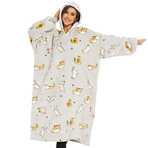 Venustas Wearable Blanket Hoodie, Oversized Sherpa Hooded Blanket Sweatshirt, Super Warm and Cozy Hoodie Blanket for Women Men Adults - Kitten - Adult-Extra Long