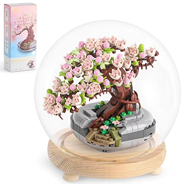 CEACYDIK Sakura Bonsai Building Kit,Flower Botanical Collection Construction Building Toy,Toy Building Block with Glass Cover，Building Blocks Set for Adults and Kids