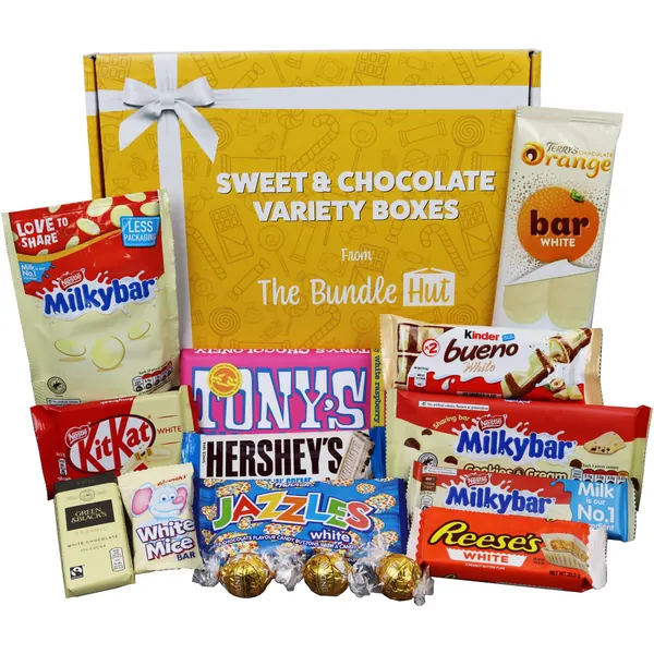 White Chocolate Hamper Gift Selection Box from The Bundle Hut: Includes Tony's Chocolonely, Lindt, Milkybar, Green & Blacks, Bueno, Hershey's & More, Gift for Valentines