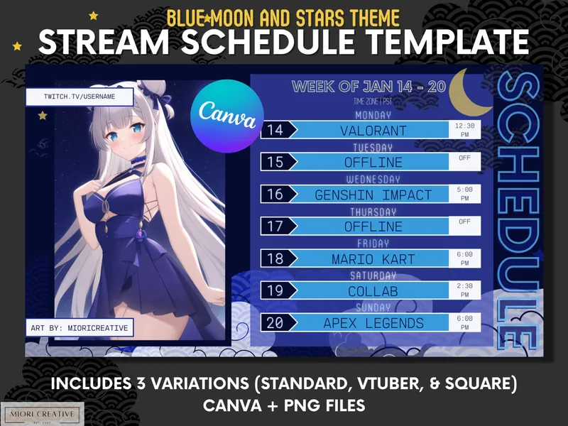 Moon vTuber Schedule Template, Celestial Twitch Stream Schedule, Japanese Cloud vTuber background, Cute vTuber Asset, Blue PNGtuber assets