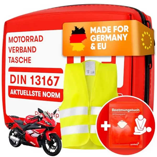 PURAHELP Motorrad Verbandskasten nach aktueller Norm 2024 DIN 13167 (StVO konform) - Inkl. Warnweste & Beatmungstuch - Motorrad Erste Hilfe Set 2024 Mini Klein