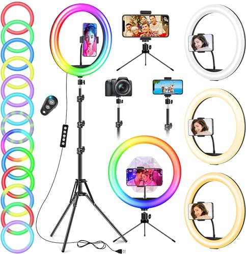 12.6'' Ring Light with Tripod Stand & Phone Holder Tall 188cm/74'', GerTong LED Selfie Circle Ringlight with Remote for Makeup YouTube Tiktok, Floor/Desk USB Halo Lamp with 40 RGB Modes 13 Brightness