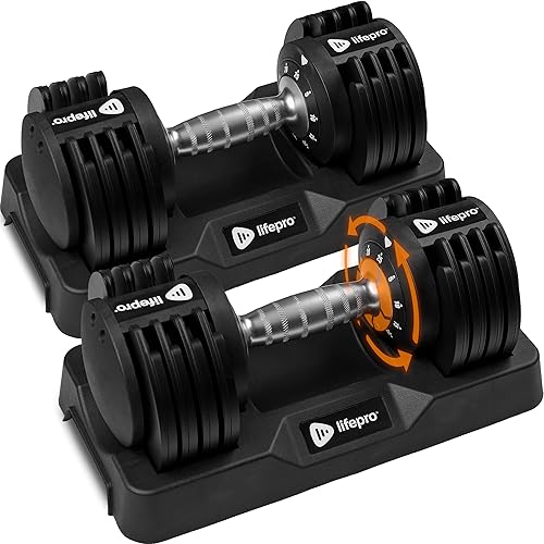 LifePro Adjustable Dumbbell Set/Single – 90lb, 25lb Dumbbells Set of 2, and Single piece - Quick Change Rotating Hand Weights for Women/Men at Home Gym Weight System, Ideal for Home Strength Training - 25lbs - Pair Adjustable