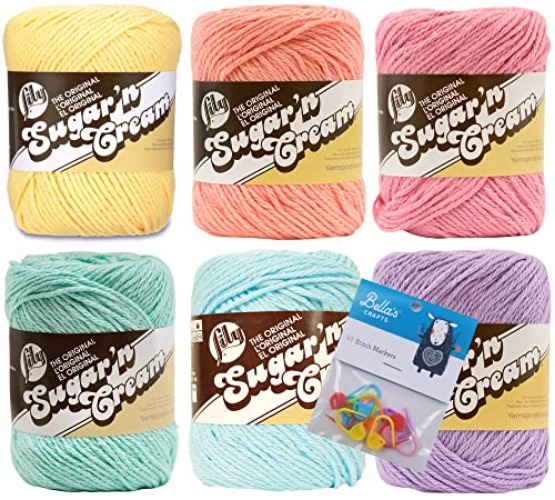 Lily Sugar'n Cream 100% Cotton Yarn 6-Pack Bundle with Bella's Crafts Stitch Markers (Pastel Solids) - Pastel Solids