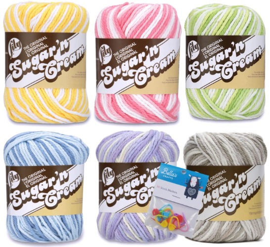 Lily Sugar'n Cream 100% Cotton Yarn 6-Pack Pastel Ombre Bundle with Bella's Crafts Stitch Markers - Pastel Ombres