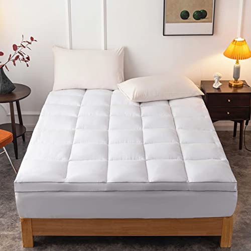 DROVAN Mattress Topper Queen Size - Extra Thick Mattress Pad Cover - Pillow Top Deep Pocket with Breathable 7D Spiral Fiber Filling Cooling Mattress Cover - White - Queen