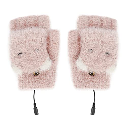 USB Heated Gloves Mittens for Women Girls Washable Electric Heating Gloves Winter Warm Conversible Constant Heat Laptop Gloves for Gaming Typing Cycling - Pink Bear