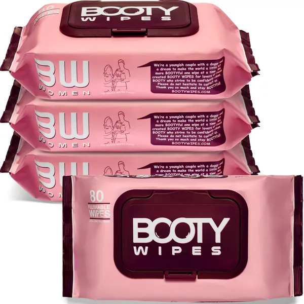 BOOTY WIPES for Women - 320 Flushable Wipes for Adults, Feminine Wet Wipes (320 Wipes Total - 4 Flip-Top Packs of 80) pH Balanced, Infused with Vitamin-E & Aloe - 