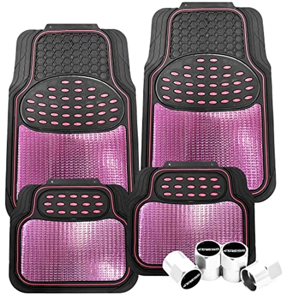 4Tress Revelation Car Floor Mat Set, Metallic Anti-Slip Universal Car Mats - Heavy Duty All Weather - Car Interior Accessory, Pink Rubber 4 Mats set With 4 Tyre Valve Dust Caps
