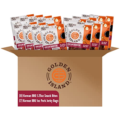 Golden Island Pork Jerky Korean Barbecue Variety Pack – Good Source of Protein, Gluten-Free, Great Stocking Stuffer Gift, Includes (8) 1.25oz Snack Bite Bags & (7) 1oz Jerky Bags - Variety Pack
