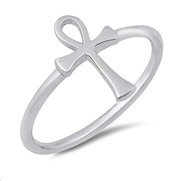 Simple High Polish Ankh Cross Loop Ring New .925 Sterling Silver Band Sizes 4-10