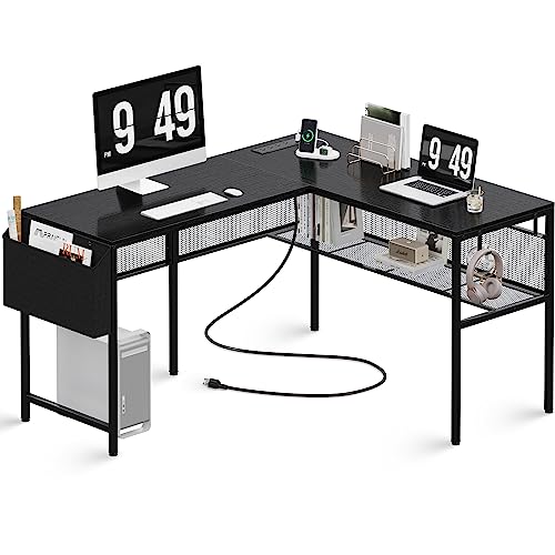 PRAISUN L Shaped Office Desk with Power Outlets, Reversible Computer Desk with Grid Bookshelf and Storage Bag, Gaming Desk, Home Office Desk Corner Desk with Hooks, Black - Black