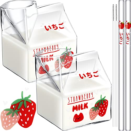 2 Pcs Kawaii Glass Milk Carton Cup Cute Strawberry Milk Cup Clear Milk Carton Glass Cup Mini Creamer Pitcher Container Irregular Creamer Pitcher Bottle Jug Microwavable Square Breakfast Mug, 12 oz