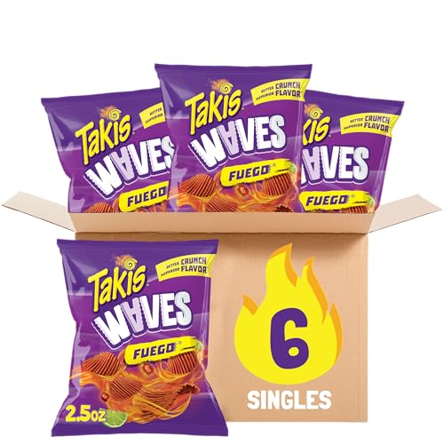 Takis Fuego Waves 6 pc / 2.5 oz Snack Size Multipack, Hot Chili Pepper & Lime Flavored Extreme Spicy Wavy Potato Chips - Waves Fuego - 2.5 Ounce (Pack of 6)