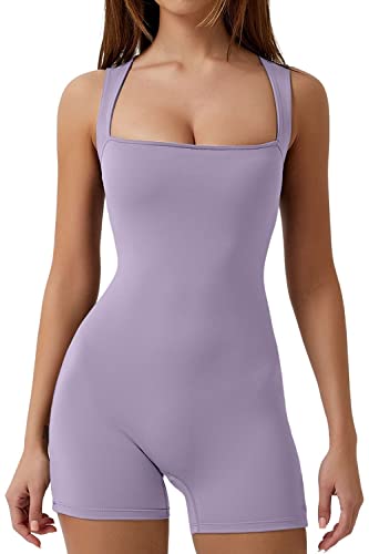 QINSEN Womens Strappy Square Neck Tank Top Tummy Control Bodycon Stretch Shorts Jumpsuit Outfits - Small - Purple