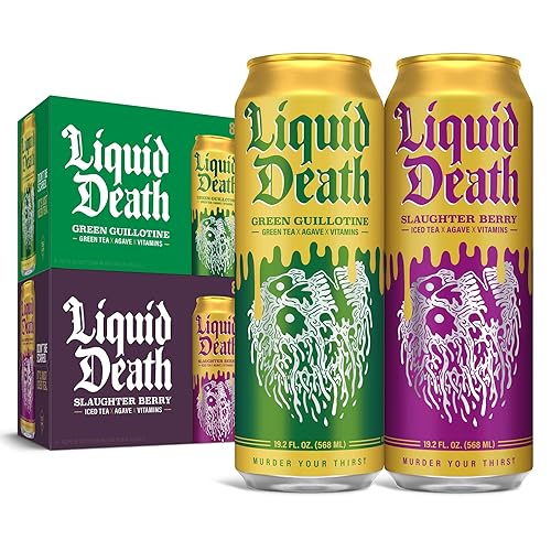Liquid Death Green Guillotine & Slaughter Berry Iced Tea Mixed Pack (16 x 19.2 oz King Size Cans) - Green Guillotine & Slaughter Berry - 16 Pack