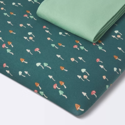 Fitted Jersey Play Yard Crib Sheet - Mushroom/Solid Green - 2pk - Cloud Island™