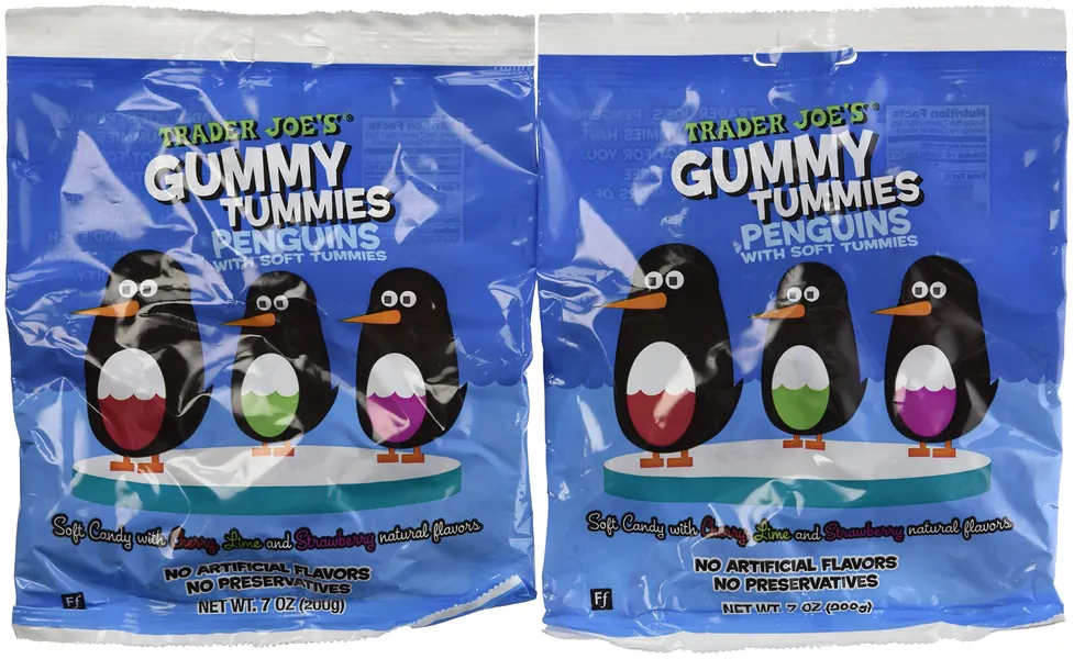 2 Pack Trader Joe's Gummy Tummies Penguins with Soft Tummies Soft Candy with Cherry ,Lime and Strawberry Natural Flavors Fat Free Made in France - 