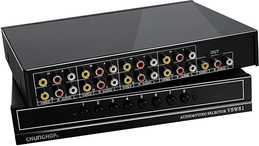 CHUNGHOP 8 Ports Composite 3 RCA Video Audio AV Switcher Box, 8 Way Selector Switch, 8 in 1 Out 8x1 for HDTV LCD DVD Game Consoles - 8 In 1 Out
