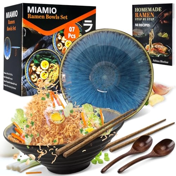 MIAMIO - Ramen Schüssel Set - 2 x traditionelle japanische Ramen Bowl Schüssel groß aus Keramik (1050 ml) - inkl. 2 Holz Löffel 2 Paare Essstäbchen aus Holz und 1 Rezeptbuch. (Blau)