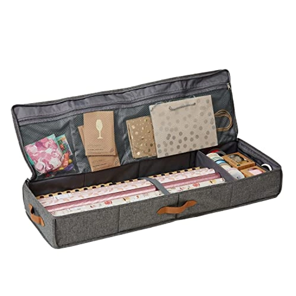 LOVE IT STORE IT Premium Aufbewahrungstasche für Geschenkpapier - Organizer für Geschenkpapierrollen - Mit Fächern für Geschenkbänder - Grau - 90x30x12 cm