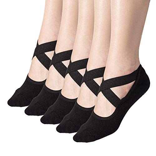 Toes&Feet Women's Padded Cushioned Non-Slip Anti-Slip Grips Yoga Pilates Ballet Barre PiYo Socks - Medium - 5 Pairs Black With Elastic