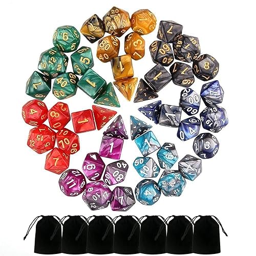 BABEJIA 7 Sets (49PCS) Acrylic Polyhedral Dice Set for Dungeons & Dragons/RPG – Complete D&D/DND Dice Sets (D20, D12, D8, D6, D4 & 2×D10 [0-9 & 00-90]) with 7 Pouches