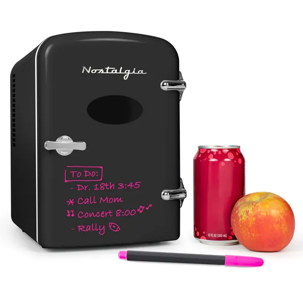 Nostalgia RF6RRBK Retro 6-Can Personal Cooling and Heating Mini Refrigerator with Eraser Board Door Carry Handle and Display Window for Home, Office, Car, Boat or Dorm Room, Black - Black