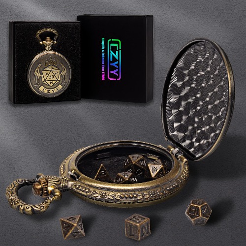 DND 6mm Micro Polyhedral Dice Set with Pocket Watch Shell Case Perfect for Dungeons and Dragons, Tabletop RPG and Cards Board Games (Bronze)