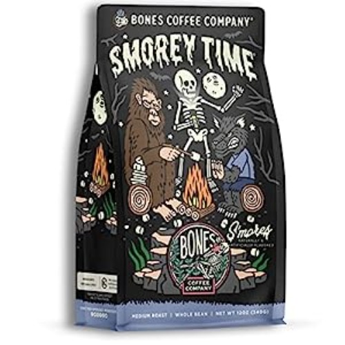 Bones Coffee Company S'morey Time Ground Coffee Beans S'mores and Graham Crackers Flavor | 12 oz Medium Roast Low Acid Coffee | Flavored Coffee Gifts & Beverages (Whole Bean) - S'mores & Graham Crackers 12 oz Whole Bean Coffee