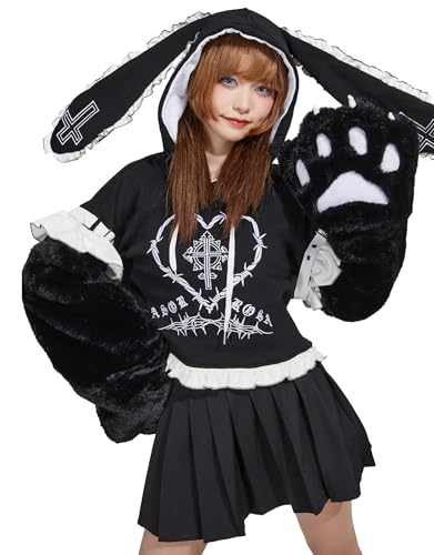 Micotaku Women's Y2k Gothic Bunny Hoodie with Straps and Detachable Furry Paw Gloves (L/XL) Black