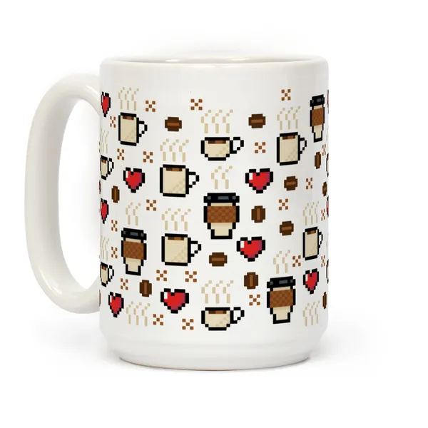 LookHUMAN Coffee Pixel Art Pattern White 15 Ounce Ceramic Coffee Mug - 