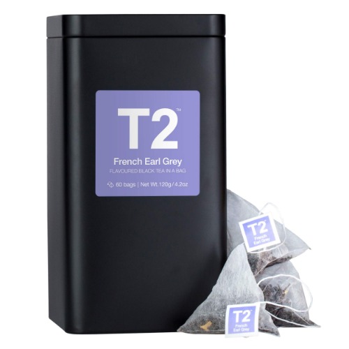 T2 French Earl Grey 60 Tea Bags Tin, Fine Black Tea With Bergamot and Petals, 60 Count