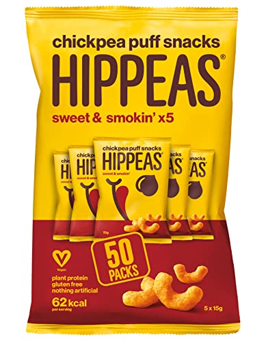 HIPPEAS Smoky Paprika Chickpea Puff Vegan Crisps | 50 x 15g Packets | Plant-Based, Source of Protein & Fibre | Free from Gluten & Artificial Flavours | Light & Crunchy - 62 calories per serving - Sweet & Smokin' - 15 g (Pack of 50)