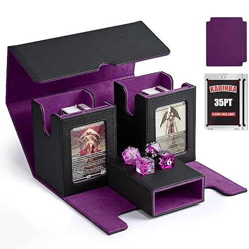 Kabinka MTG Deck Box with 2 Commander Display Windows, Removable Trading Card Storage Box with Dice Tray Holds 420+ Unsleeved Cards, Magnetic Card Case for TCG CCG EDH (Black& Purple) - Black&purple - 3 IN 1