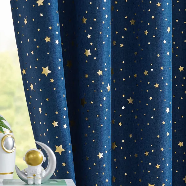 jinchan Blackout Curtains Gold on Flax Star Design Faux Linen Textured Grommets Shiny Star Window Drapes Living Room 2 Panels 84" L Denim Blue - 52"W x 84"L Star Denim Blue