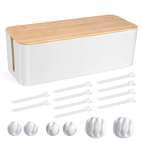 Cable Management Box - Wooden Style Large Cord Organizer Box to Hide Wires & Power Strips | Desk Computer Cable Organizer Box | Safe ABS Material |16" (L) x 6.2" (W) 5.3" (H)|for Home & Office - White - Large
