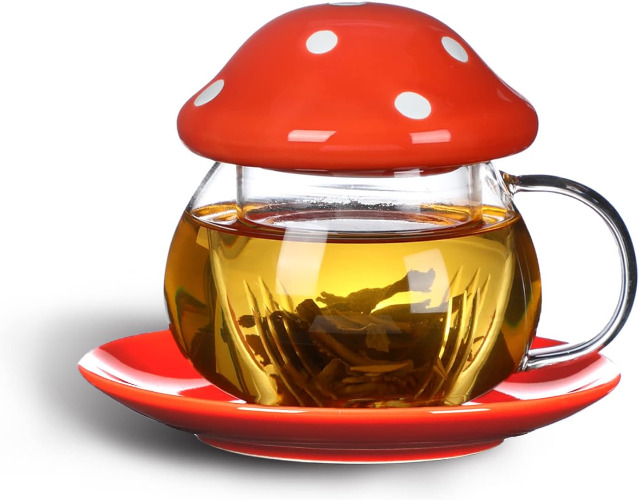 Aboyer Mushroom Cup Cute Glass Tea Cup with Infuser and Lid Kawaii Mushroom Mug Set Coffee Teapot with Ceramic Coasters 11oz (Orange) - Orange