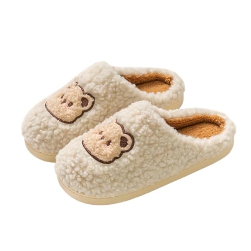 eaonitu Cozy Bear Slippers Comfy Autumn Winter Slippers, Fuzzy Plush Winter Indoor Outdoor Cartoon - 7 - White