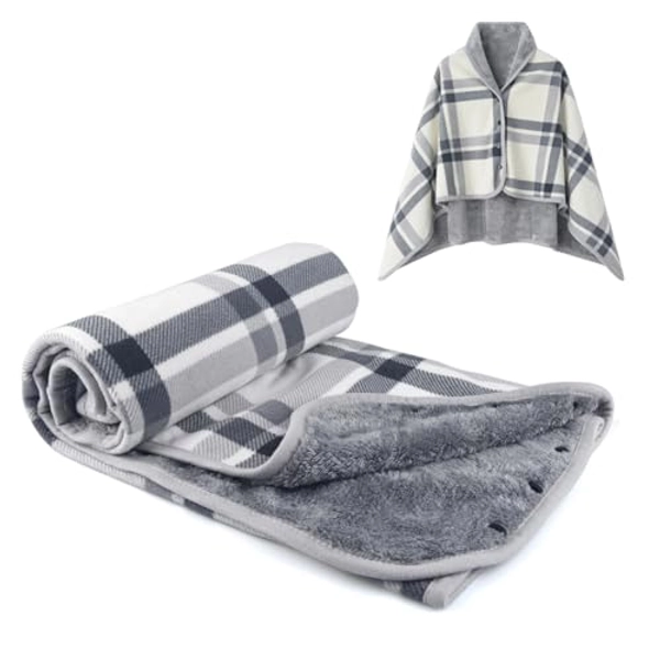 forestfish Fleece Wearable Blanket, Plaid Lap Blanket Comfy Poncho Throw With Buttons For Bed Sofa Office, Grey-White - Yellow