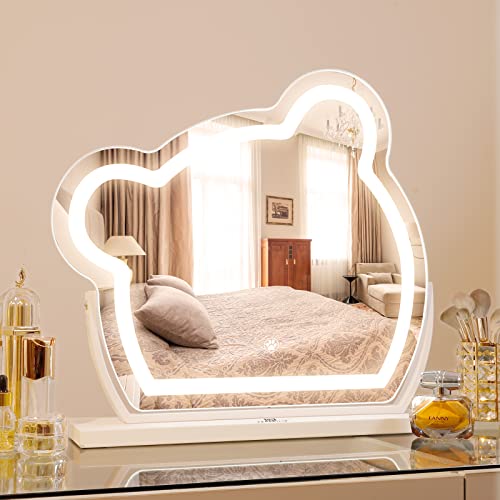 FENCHILIN Hollywood Vanity Mirror with Lights Cute Bear Animal Lighted Makeup Mirror with 10X Magnification 180 Degree Rotation for Tabletop Desk Glam Room - White